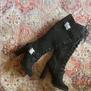 Black Lace-Up Combat Boots with Chunky Heel. New.
